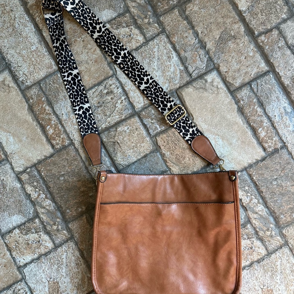 Brown Leather Crossbody Bag with Animal Print Strap